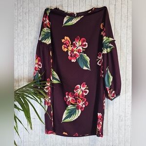 LOFT Dress Small Burgundy Floral Long Sleeve Shift Sheath Lined
